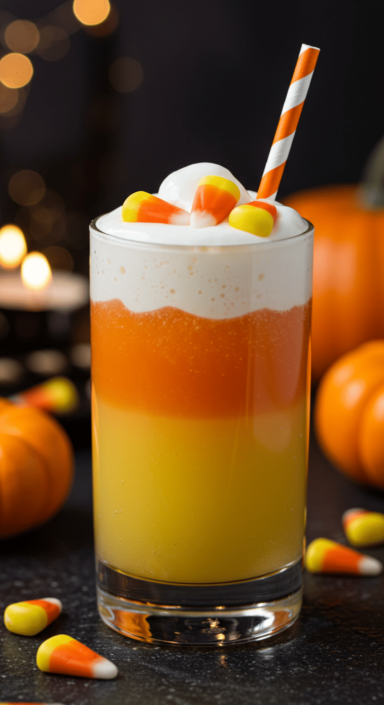 A beautiful, tall glass of a homemade, spooky, and layered Candy Corn Punch, with distinct layers of yellow, orange, and white, and topped with whipped cream and candy corn.