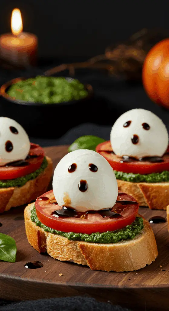 The simple, from-scratch ingredients for the easy and spooky Caprese Crostini Ghosts recipe.