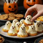 A large platter of homemade, spooky, and adorable Caprese Crostini Ghosts being served at a fun and casual Halloween party.