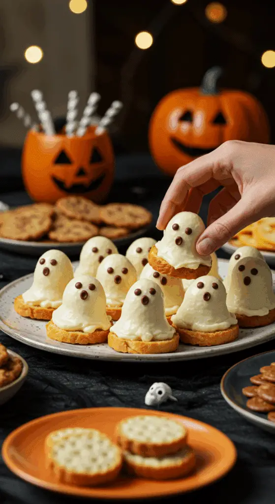 A large platter of homemade, spooky, and adorable Caprese Crostini Ghosts being served at a fun and casual Halloween party.