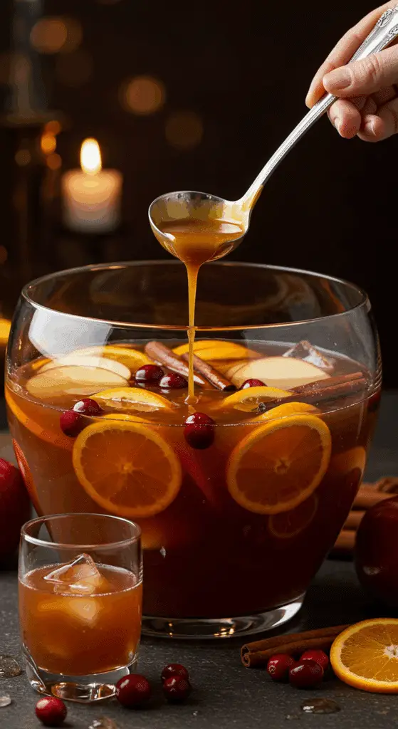 A beautiful, large glass punch bowl of a homemade, festive, and deep amber-colored Caramel Apple Cider Punch, with fresh fruit and cinnamon stick garnishes.