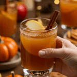 A hand holding an elegant glass of a homemade, amber-colored, and festive Caramel Apple Cider Punch at a fun and festive holiday party.