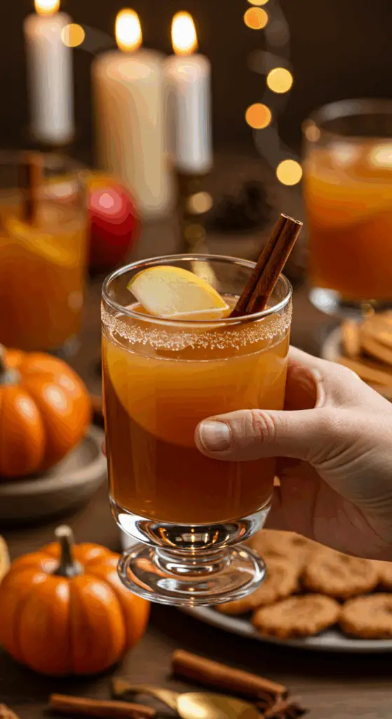 A hand holding an elegant glass of a homemade, amber-colored, and festive Caramel Apple Cider Punch at a fun and festive holiday party.