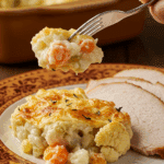 A beautiful plate of a homemade, elegant, and creamy Cauliflower Gratin, being served with a thick slice of a roasted turkey at a Thanksgiving dinner.