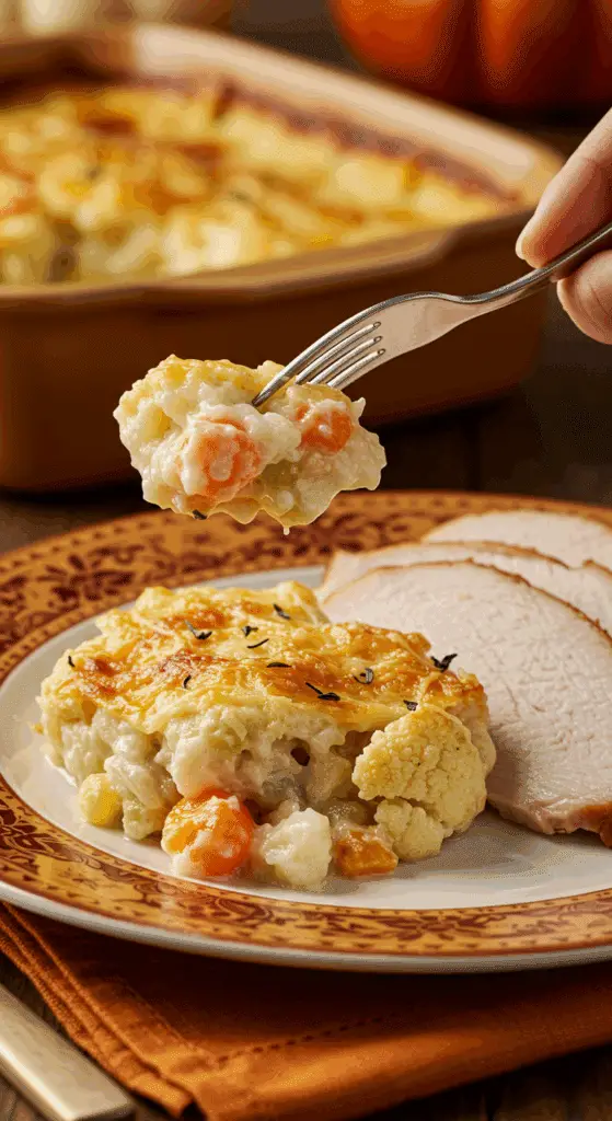 A beautiful plate of a homemade, elegant, and creamy Cauliflower Gratin, being served with a thick slice of a roasted turkey at a Thanksgiving dinner.