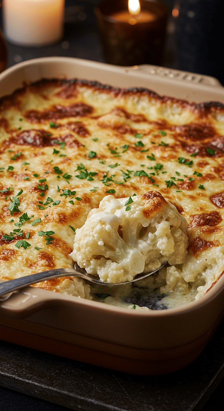 A beautiful, rustic baking dish of homemade, easy, and elegant Creamy Cauliflower Gratin, with a golden-brown, bubbly crust and a creamy, cheesy interior.