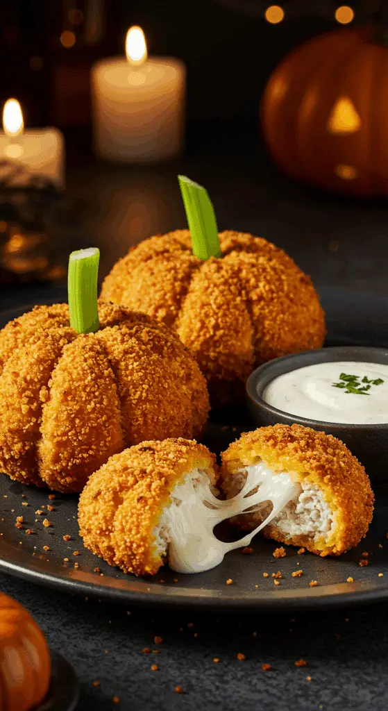 A beautiful, rustic platter of homemade, crispy, and cheesy "Chicken Pumpkins," with one cut in half to show a gooey, melted mozzarella cheese pull from the center.
