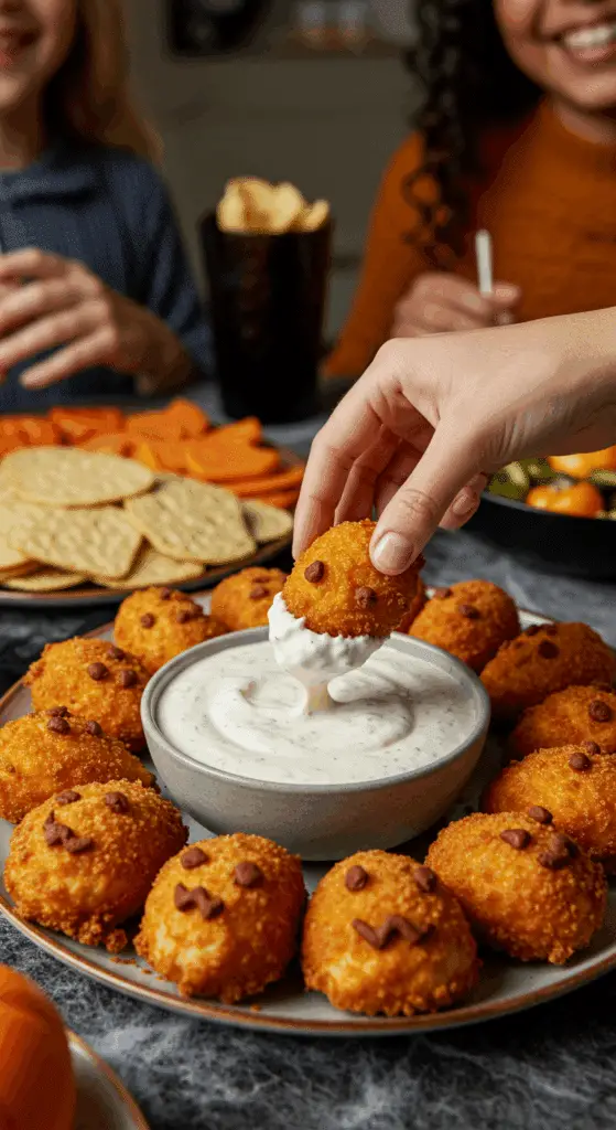A large platter of homemade, spooky, and adorable "Chicken Pumpkins" being served as the centerpiece appetizer at a fun and casual Halloween party.