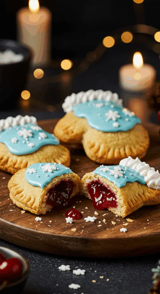 A beautiful, rustic platter of homemade, cute, and festive Mitten Hand Pies, with a flaky crust, a blue royal icing, and a white, ruffled cuff.