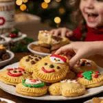 A large platter of homemade, cute, and festive Mitten Hand Pies being served at a fun and casual Christmas party.