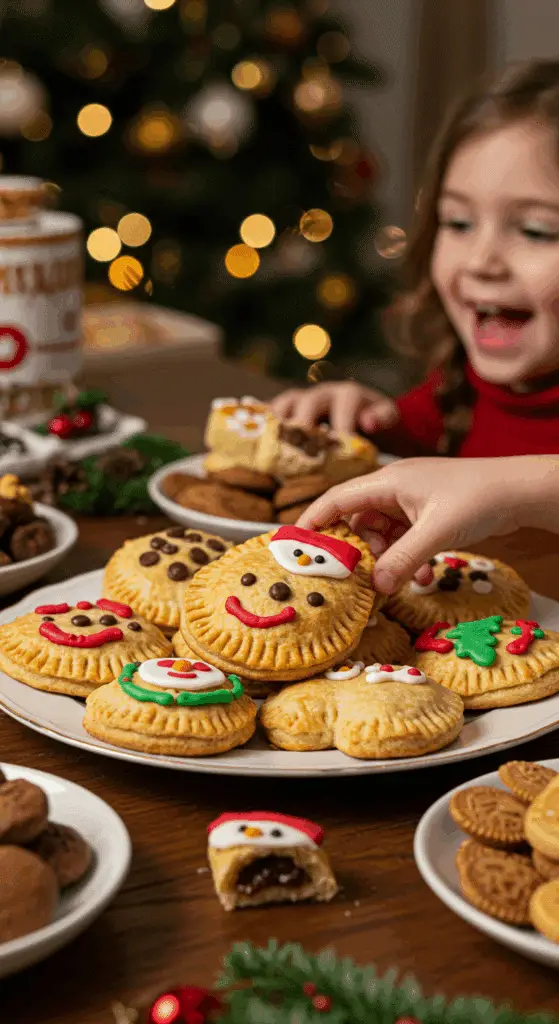 A large platter of homemade, cute, and festive Mitten Hand Pies being served at a fun and casual Christmas party.