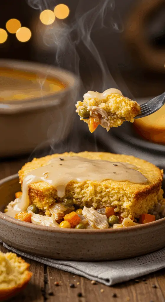 A beautiful, golden-brown homemade Savory Chicken Cobbler in a baking dish with a perfect, cheesy, and distinctly layered slice being lifted out.