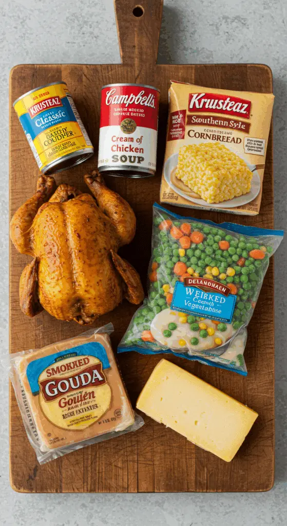 The simple, shortcut ingredients for the easy and creamy Savory Chicken Cobbler recipe.