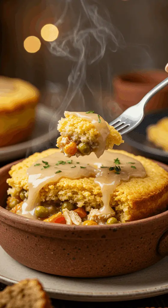 A cozy bowl of homemade, creamy, and layered Chicken Cobbler being served for a family dinner.
