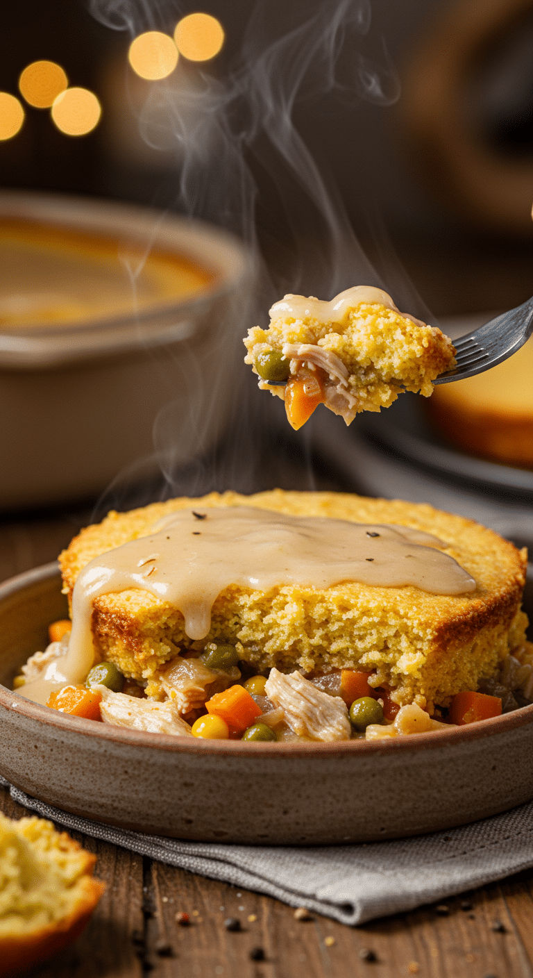 A beautiful, golden-brown homemade Savory Chicken Cobbler in a baking dish with a perfect, cheesy, and distinctly layered slice being lifted out.