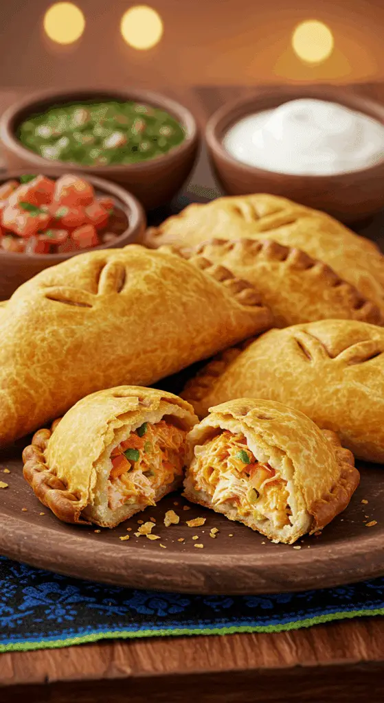 A beautiful, rustic platter of homemade, crispy, golden-brown Baked Chicken Empanadas, with one broken in half to show the creamy, cheesy chicken filling.