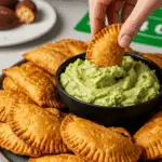 A large platter of homemade, crispy Baked Chicken Empanadas being served at a fun and casual game day party.