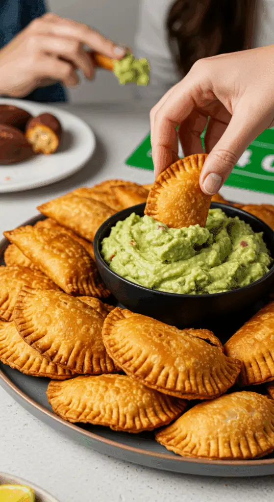 A large platter of homemade, crispy Baked Chicken Empanadas being served at a fun and casual game day party.