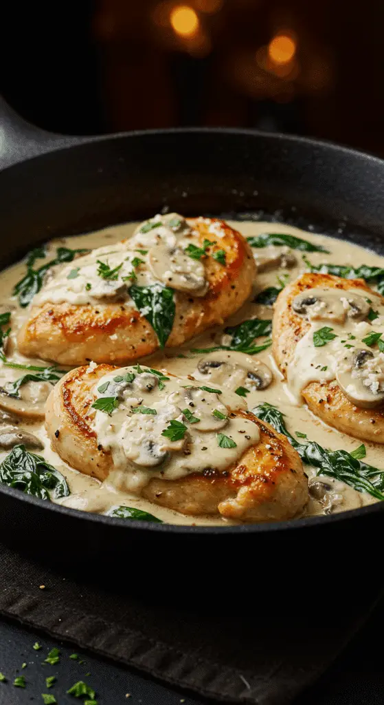 A beautiful, rustic cast-iron skillet of homemade, creamy Chicken Florentine, with a luscious cream sauce, golden-brown chicken, mushrooms, and spinach.