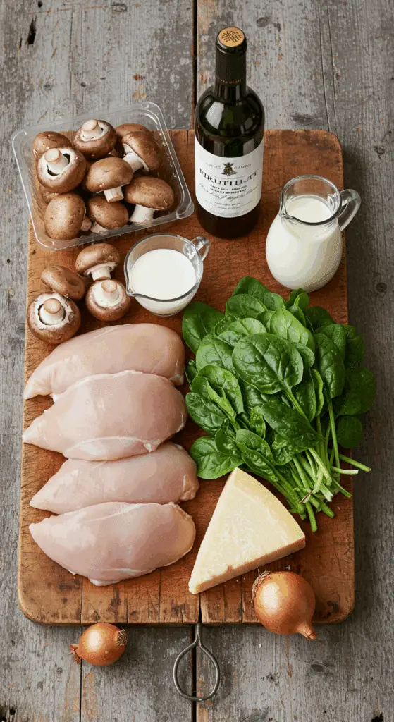 The simple, fresh ingredients for the classic and easy Creamy Chicken Florentine recipe.
