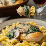 An elegant plate of homemade, creamy Chicken Florentine served over a bed of egg noodles for a sophisticated, candlelit dinner.