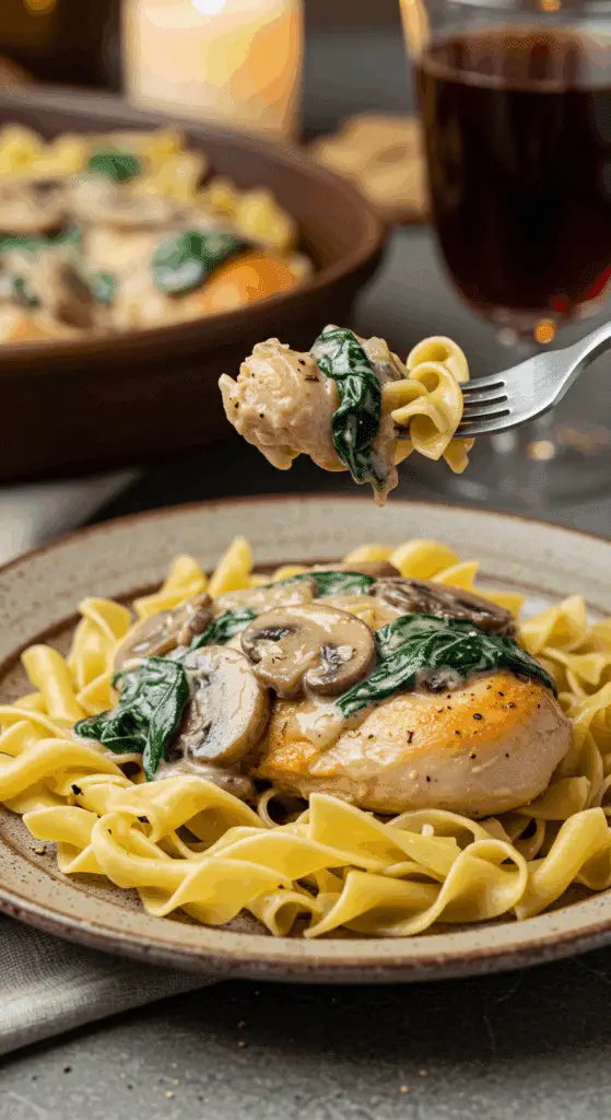 An elegant plate of homemade, creamy Chicken Florentine served over a bed of egg noodles for a sophisticated, candlelit dinner.
