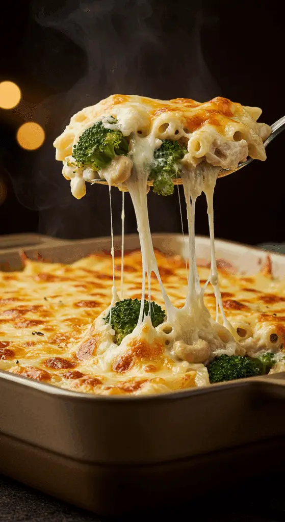 A beautiful, golden-brown homemade Chicken Broccoli Pasta Casserole in a baking dish with a cheesy, colorful, and hearty scoop being lifted out to show a cheese pull.