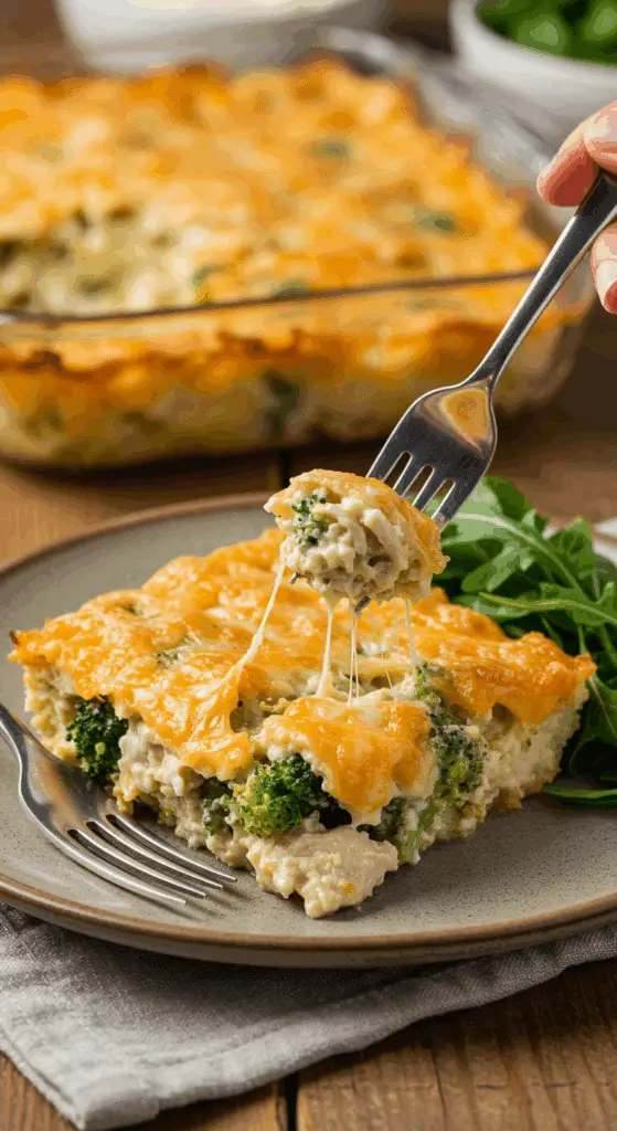 A beautiful, cheesy slice of homemade Chicken and Broccoli Pasta Casserole being served with a side of a simple green salad for a family dinner.