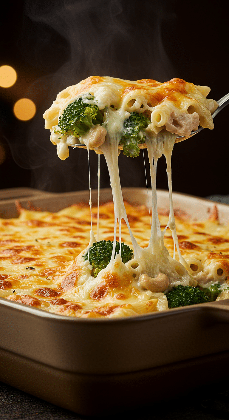 A beautiful, golden-brown homemade Chicken Broccoli Pasta Casserole in a baking dish with a cheesy, colorful, and hearty scoop being lifted out to show a cheese pull.