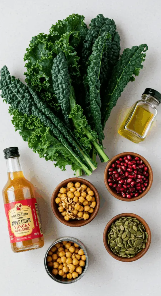 The simple, fresh ingredients for the healthy, from-scratch Roasted Chickpea Fall Salad with an apple cider vinaigrette.