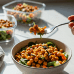 A beautiful bowl of a homemade, healthy Roasted Chickpea Fall Salad being enjoyed with a fork for a vibrant and healthy lunch, with meal-prep containers in the background.