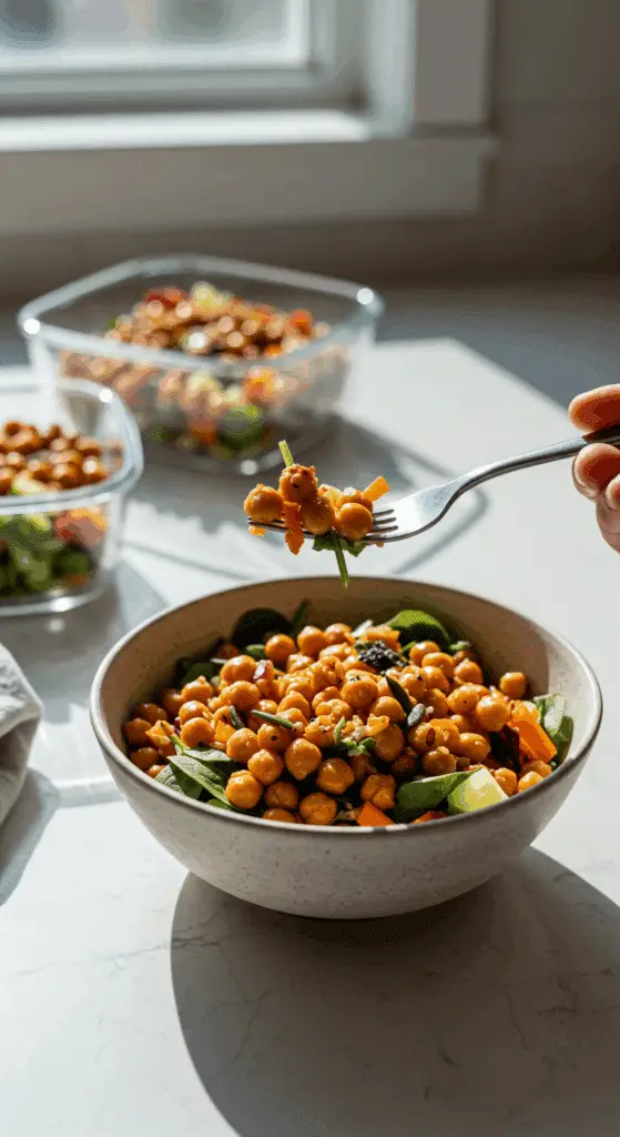 A beautiful bowl of a homemade, healthy Roasted Chickpea Fall Salad being enjoyed with a fork for a vibrant and healthy lunch, with meal-prep containers in the background.