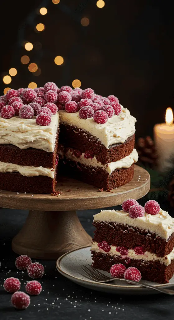 A beautiful, elegant cake stand with a homemade, festive Chocolate Almond Cake, with a pale buttercream, a dark chocolate crumb, and a sparkling, sugared cranberry topping.