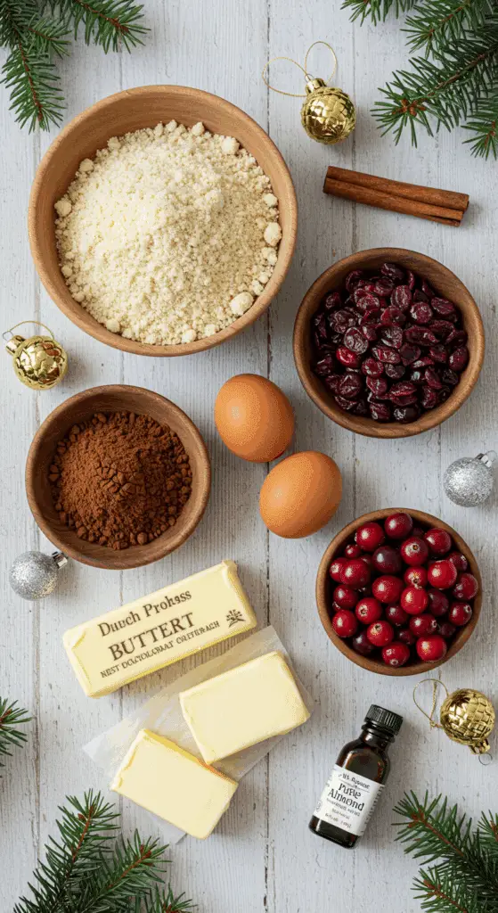The simple, from-scratch ingredients for the festive and impressive Chocolate Almond Cake with Sugared Cranberries.