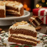 A beautiful plate with a homemade, festive, and layered slice of a Chocolate Almond Cake being served for a holiday dessert.