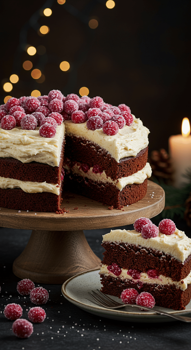 A beautiful, elegant cake stand with a homemade, festive Chocolate Almond Cake, with a pale buttercream, a dark chocolate crumb, and a sparkling, sugared cranberry topping.