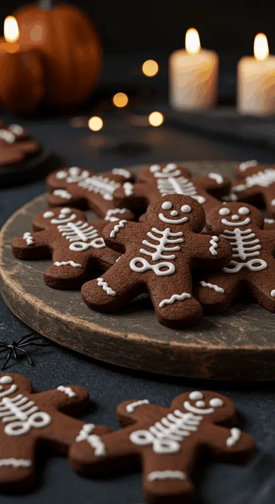 A beautiful, rustic platter of homemade, spooky, and fun Chocolate Skeleton Cookies, with a dark chocolate cookie and a cute, piped white royal icing skeleton.