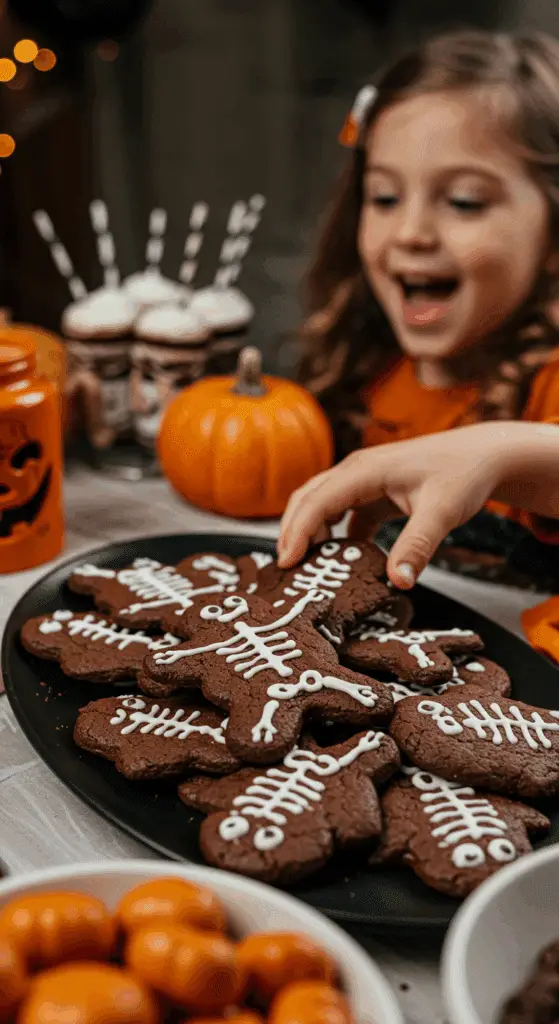A large platter of homemade, spooky, and fun Chocolate Skeleton Cookies being served at a fun and casual Halloween party.