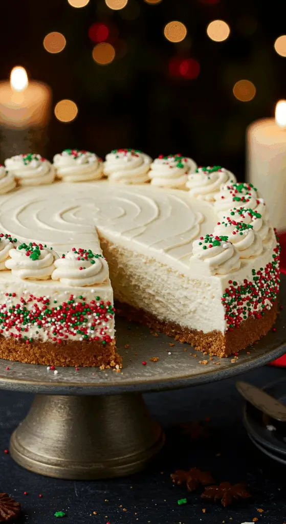 A beautiful, elegant cake stand with a homemade, festive Christmas Cheesecake, with a sugar cookie crust, a creamy interior, and a beautiful, red and green royal icing decoration.
