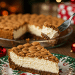 A beautiful plate with a homemade, festive, and decorated slice of a Christmas Cheesecake being served for a holiday dessert.