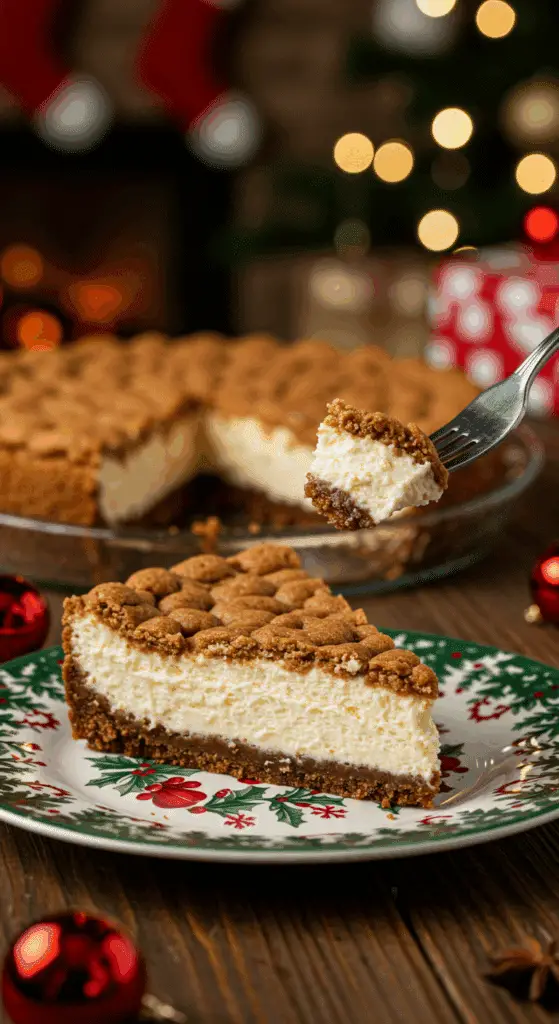 A beautiful plate with a homemade, festive, and decorated slice of a Christmas Cheesecake being served for a holiday dessert.