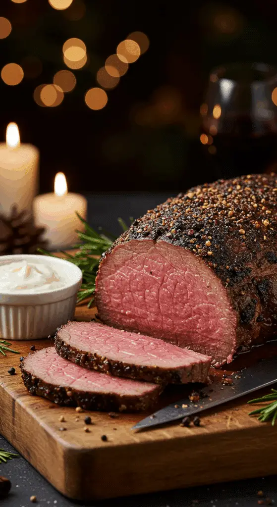A beautiful, rustic cutting board with a homemade, juicy, and impressive Christmas Eye of Round Roast, with a crispy, black peppercorn crust and a perfect, rosy-pink, medium-rare interior.