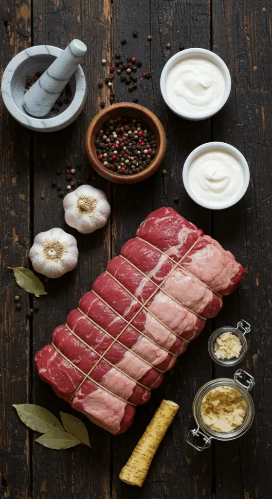 The simple, from-scratch ingredients for the classic and impressive Holiday Eye of Round Roast.