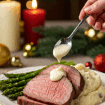 A beautiful plate of a homemade, thinly sliced, and rosy-pink Eye of Round Roast, being served with creamy mashed potatoes and roasted asparagus at a Christmas dinner.