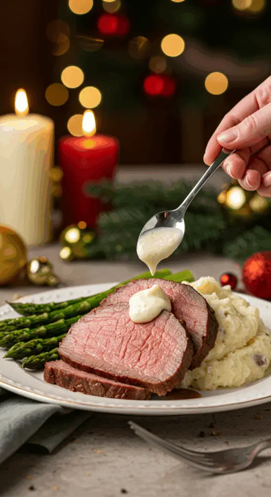 A beautiful plate of a homemade, thinly sliced, and rosy-pink Eye of Round Roast, being served with creamy mashed potatoes and roasted asparagus at a Christmas dinner.