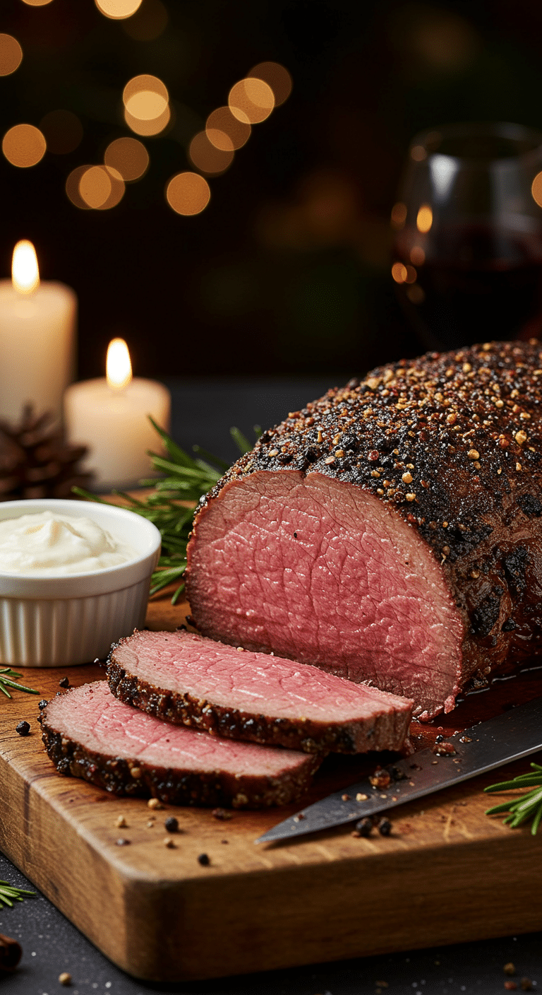 A beautiful, rustic cutting board with a homemade, juicy, and impressive Christmas Eye of Round Roast, with a crispy, black peppercorn crust and a perfect, rosy-pink, medium-rare interior.