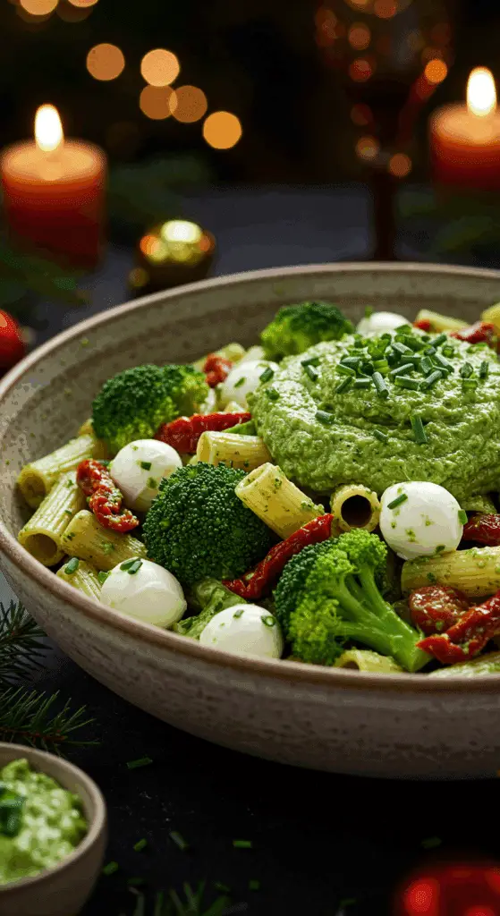 A beautiful, rustic serving bowl of homemade, easy, and festive Christmas Pasta Salad, with vibrant red and green vegetables and a creamy green pesto.