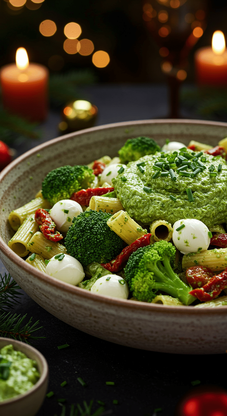 A beautiful, rustic serving bowl of homemade, easy, and festive Christmas Pasta Salad, with vibrant red and green vegetables and a creamy green pesto.