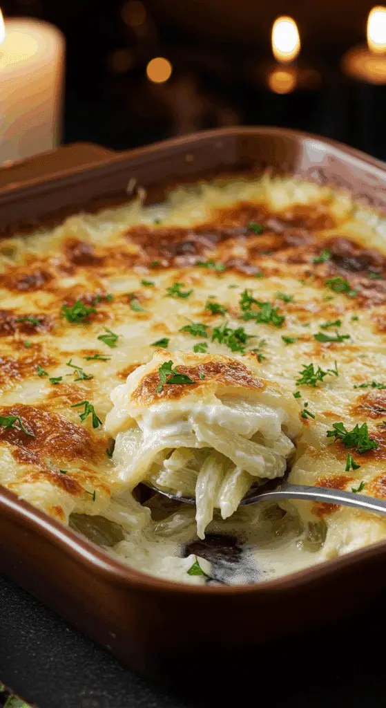 A beautiful, rustic baking dish of homemade, easy, and elegant Creamy Fennel Gratin, with a golden-brown, bubbly crust and a creamy, layered interior.