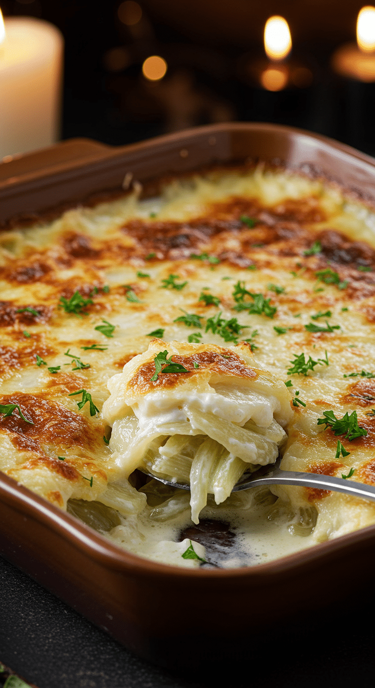 A beautiful, rustic baking dish of homemade, easy, and elegant Creamy Fennel Gratin, with a golden-brown, bubbly crust and a creamy, layered interior.